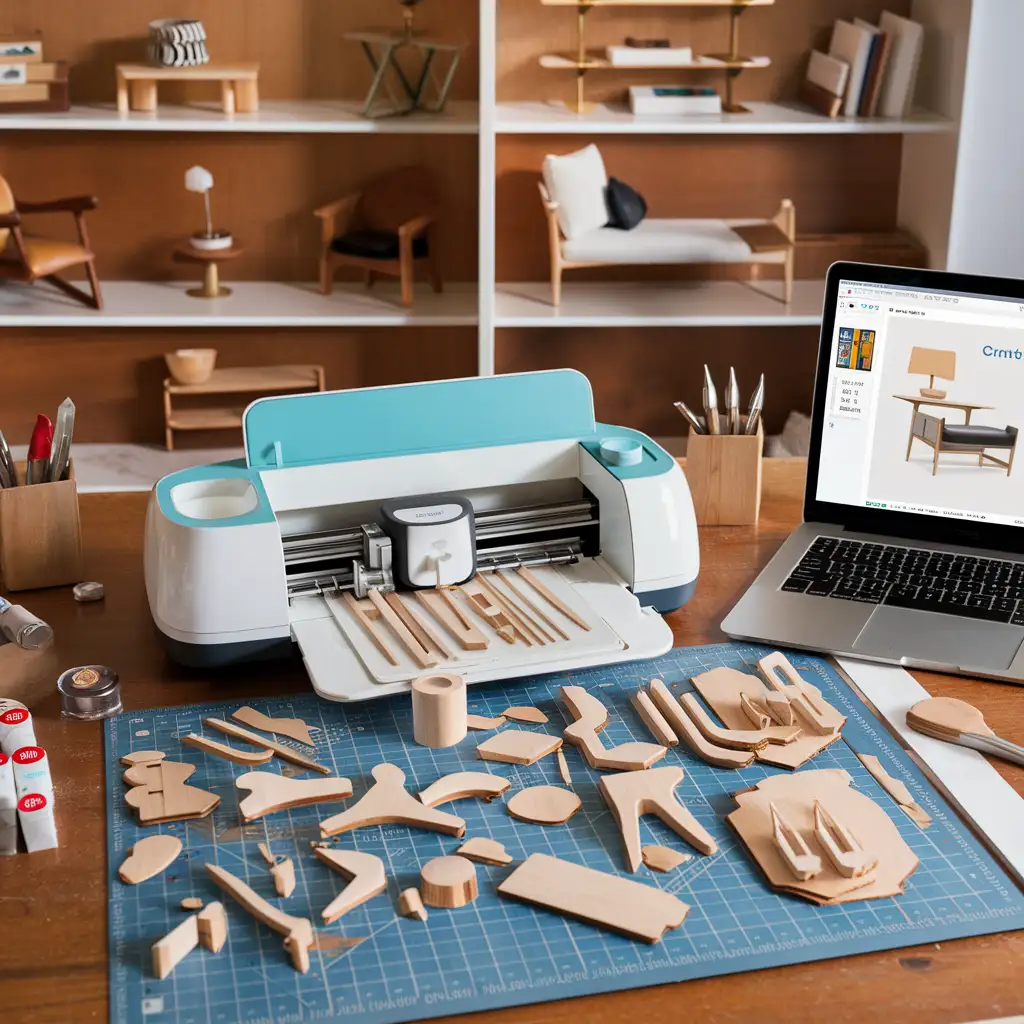 A vibrant crafting workspace featuring a Cricut machine cutting intricate basswood pieces for dollhouse furniture. The scene includes miniature furniture components like chair legs and table tops, along with crafting tools such as tweezers, craft glue, and acrylic paints. A laptop displays Cricut Design Space with a mid-century modern furniture template. The background shows a shelf with finished dollhouse furniture pieces, including a sleek coffee table and a miniature armchair, highlighting precision and creativity in dollhouse furniture crafting.