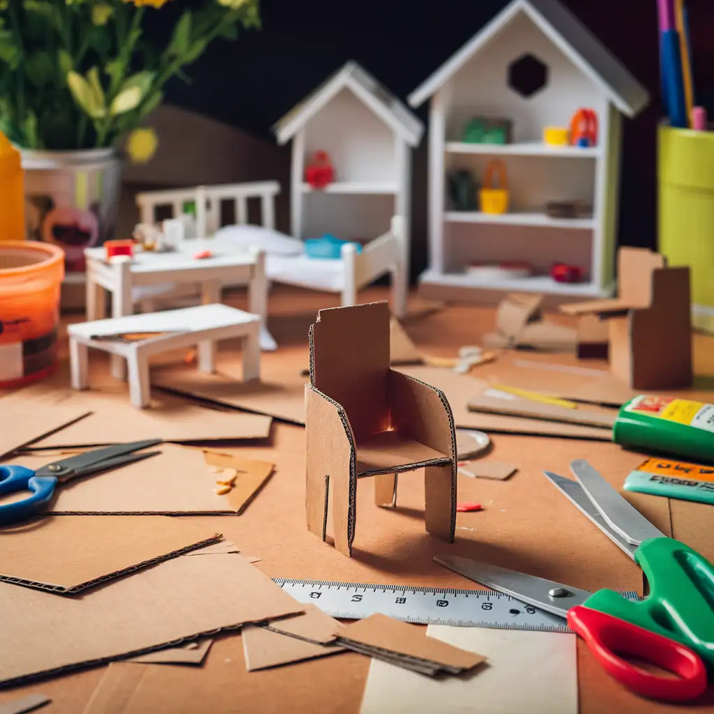 A crafting workspace showing the process of making dollhouse furniture from cardboard. On the table, there are cut cardboard pieces, scissors, glue, and a ruler, with a half-finished miniature chair in progress. In the background, completed dollhouse furniture like a tiny table, bed, and shelves are displayed, highlighting the creative and affordable possibilities of DIY cardboard projects.