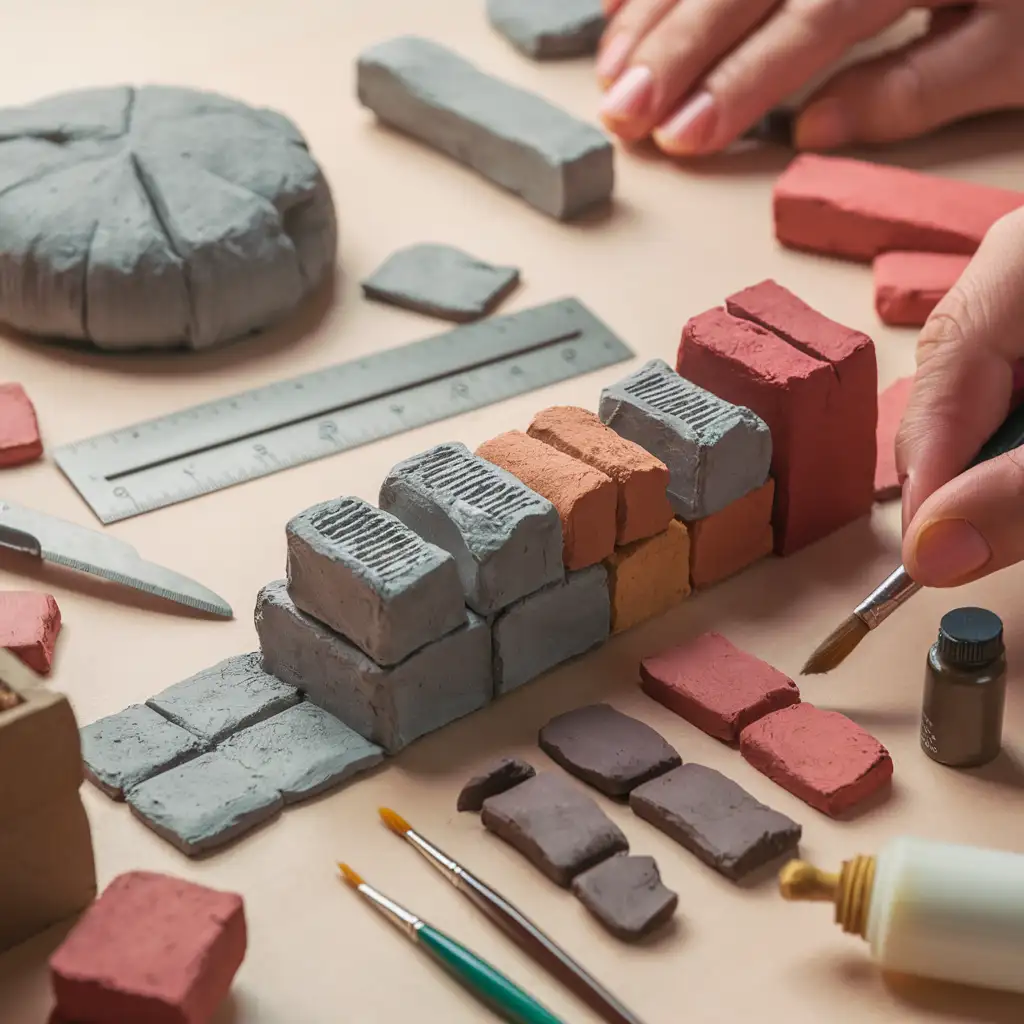 A crafting table scene showing the process of making miniature bricks, with air-dry clay rolled out and cut into small rectangular shapes. Some bricks are textured with sandpaper, while others are painted in earthy tones. Finished bricks are arranged into a small wall, with tools like a ruler, craft knife, and paintbrush visible. The image highlights the creative process of crafting miniature bricks for dollhouses, dioramas, or architectural models.