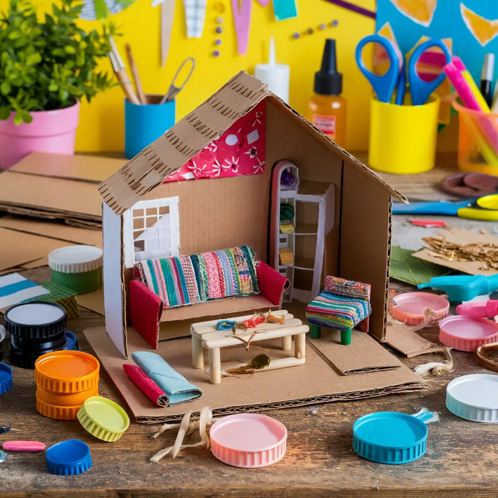 A vibrant dollhouse crafting scene featuring miniature furniture made from recycled materials, including a cardboard sofa covered in fabric scraps, a bottle cap stool, and a popsicle stick coffee table. Surrounding the dollhouse are crafting materials like old cardboard, bottle caps, fabric scraps, plastic container lids, and wood offcuts, arranged neatly on a rustic wooden table. The background shows a cheerful workspace with eco-friendly tools such as scissors, non-toxic paints, and eco-friendly glue, highlighting creativity and sustainability in dollhouse furniture crafting.