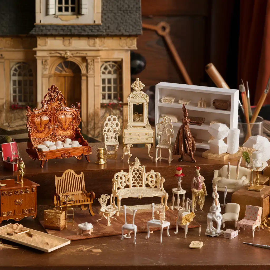 A curated collection of dollhouse furniture from different historical periods, including Baroque-style miniatures, 19th-century German-made pieces, and modern plastic designs, displayed on a wooden table. The scene highlights the evolution of craftsmanship and design, with a vintage dollhouse and creative tools in the background, celebrating the cultural and artistic significance of these miniature treasures.