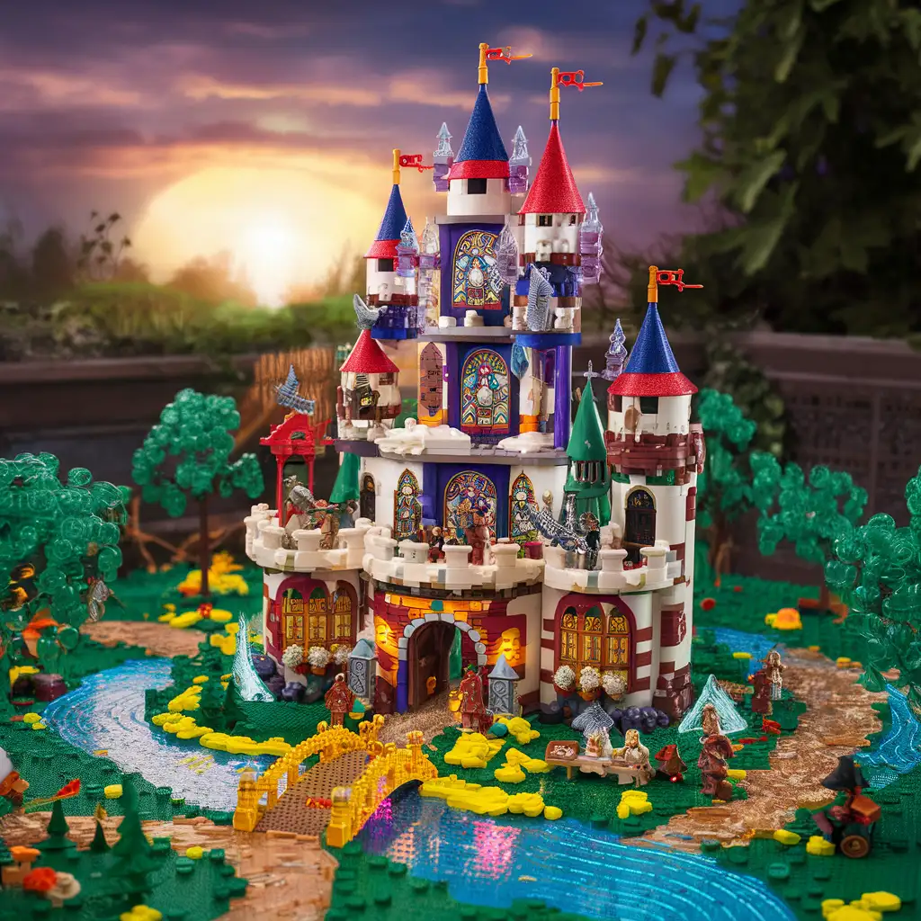 A whimsical and detailed miniature world featuring a multi-level fantasy castle made from colorful miniature blocks and bricks, surrounded by a lush landscape with tiny trees, rivers, and pathways. Miniature figures like knights and wizards add life to the scene, while LED lights in the castle windows create a magical glow, showcasing the creativity and artistry of building unique miniature worlds.