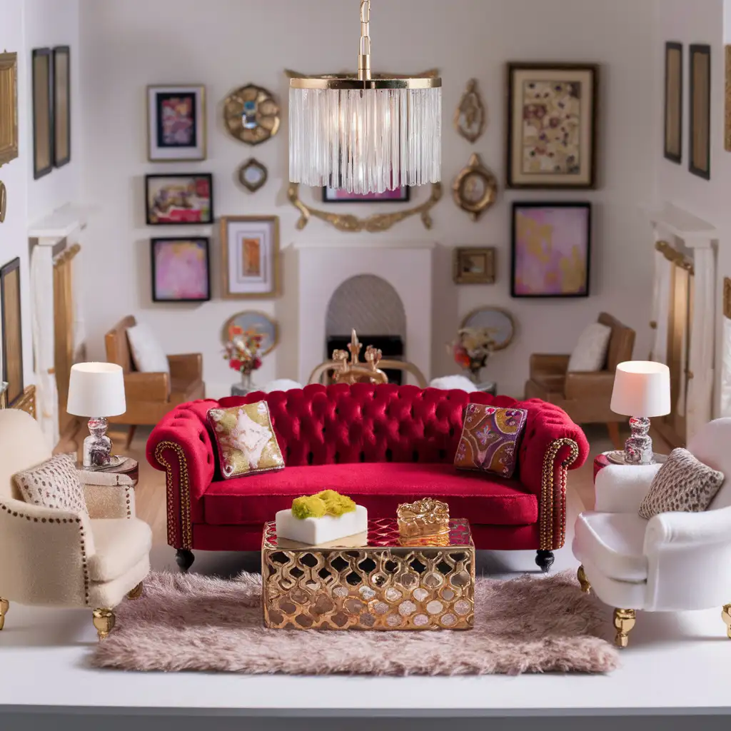 Dollhouse interior featuring a bold focal point: a vibrant velvet tufted sofa, complemented by neutral furniture, a faux fur rug, metallic accents, and a miniature chandelier with soft lighting.