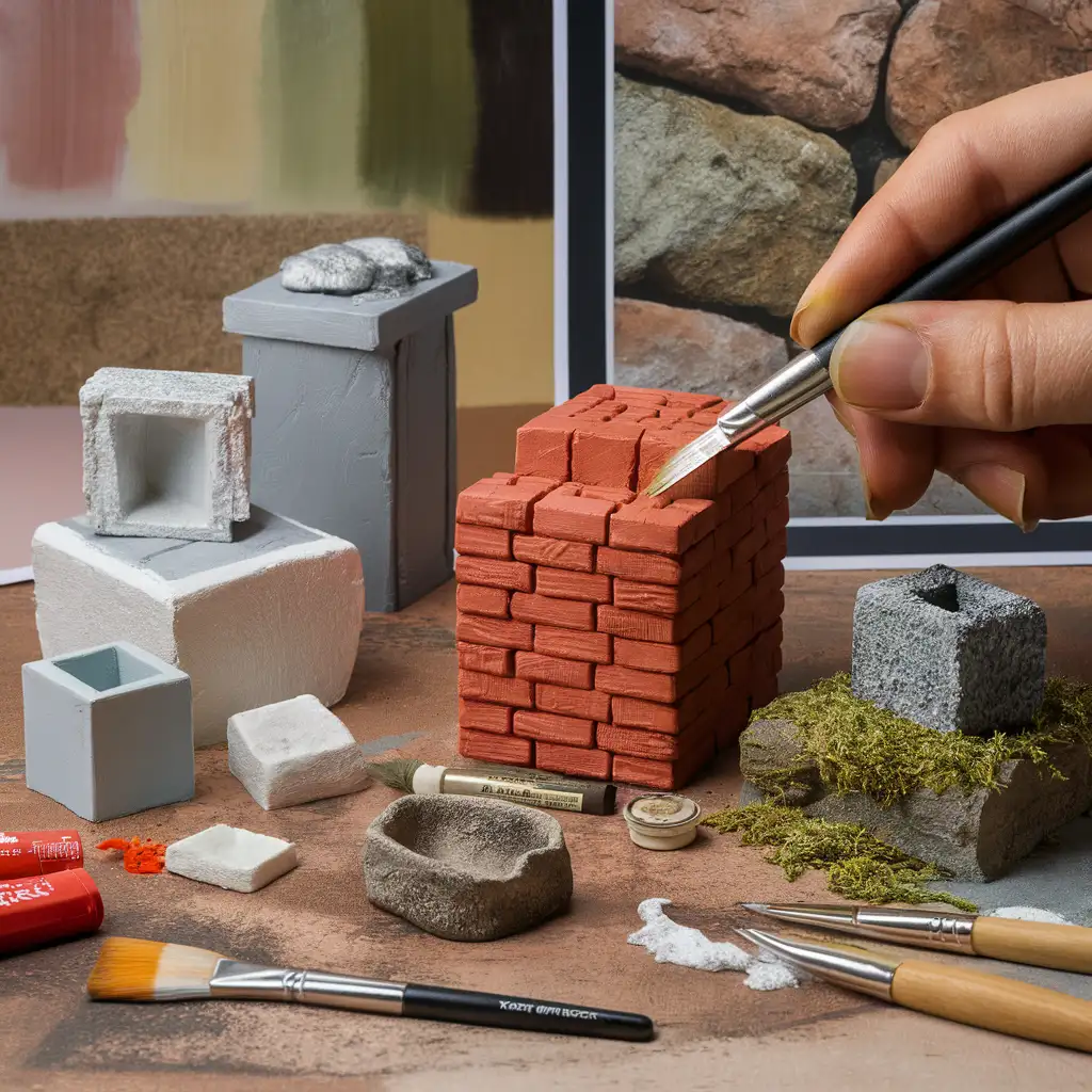 A detailed close-up of a miniature artist's workspace, showing the process of painting and texturing miniature blocks and bricks. The scene includes tools like brushes, paints, and texture mediums, with blocks in various stages of completion, from primed to weathered and textured, highlighting the artistry and precision involved in creating realistic miniature effects.