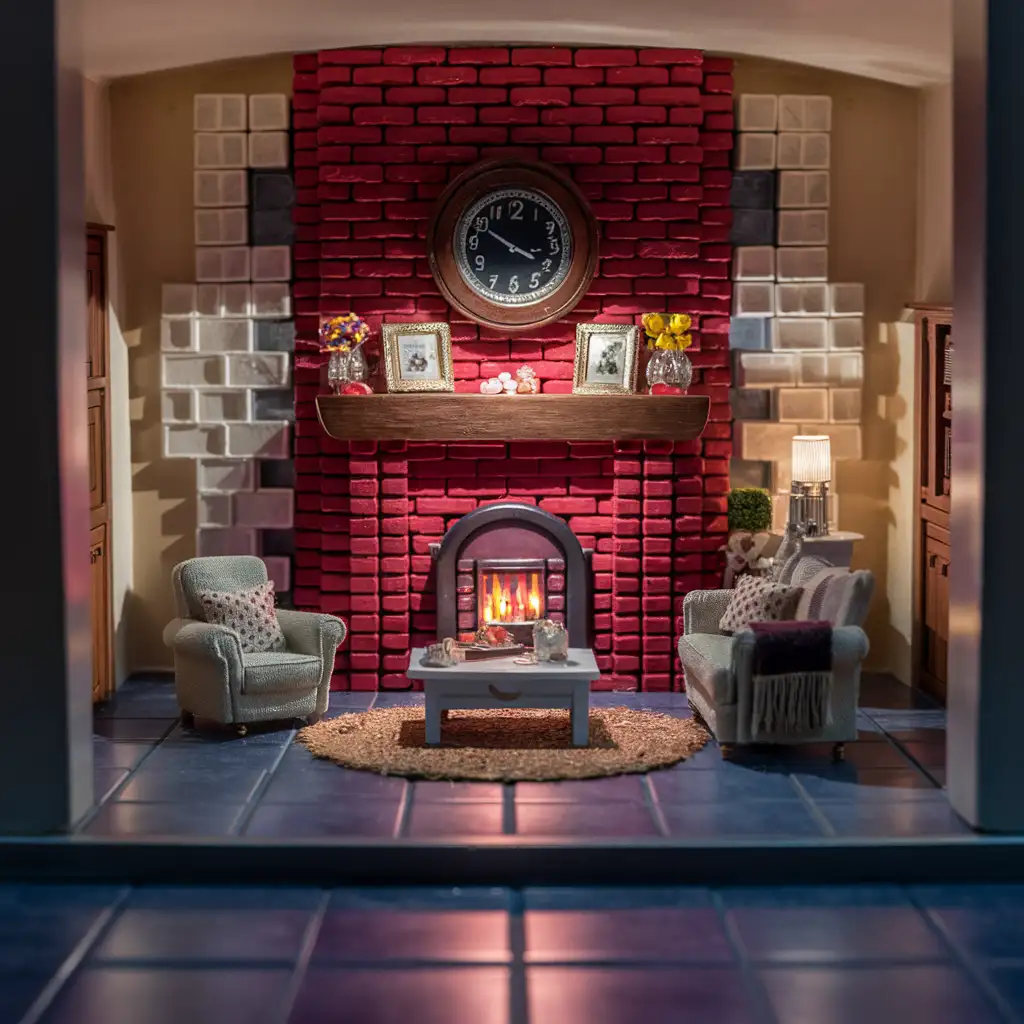 A highly detailed miniature dollhouse living room featuring a cozy red brick fireplace, textured walls, sleek tiled flooring, and tiny furniture, creating a warm and realistic interior scene." This prompt and description align with the article's focus on using miniature blocks and bricks to enhance dollhouse interiors, particularly highlighting the fireplace as a central element. The image will visually represent the article's key themes of realism, texture, and creativity in dollhouse design.