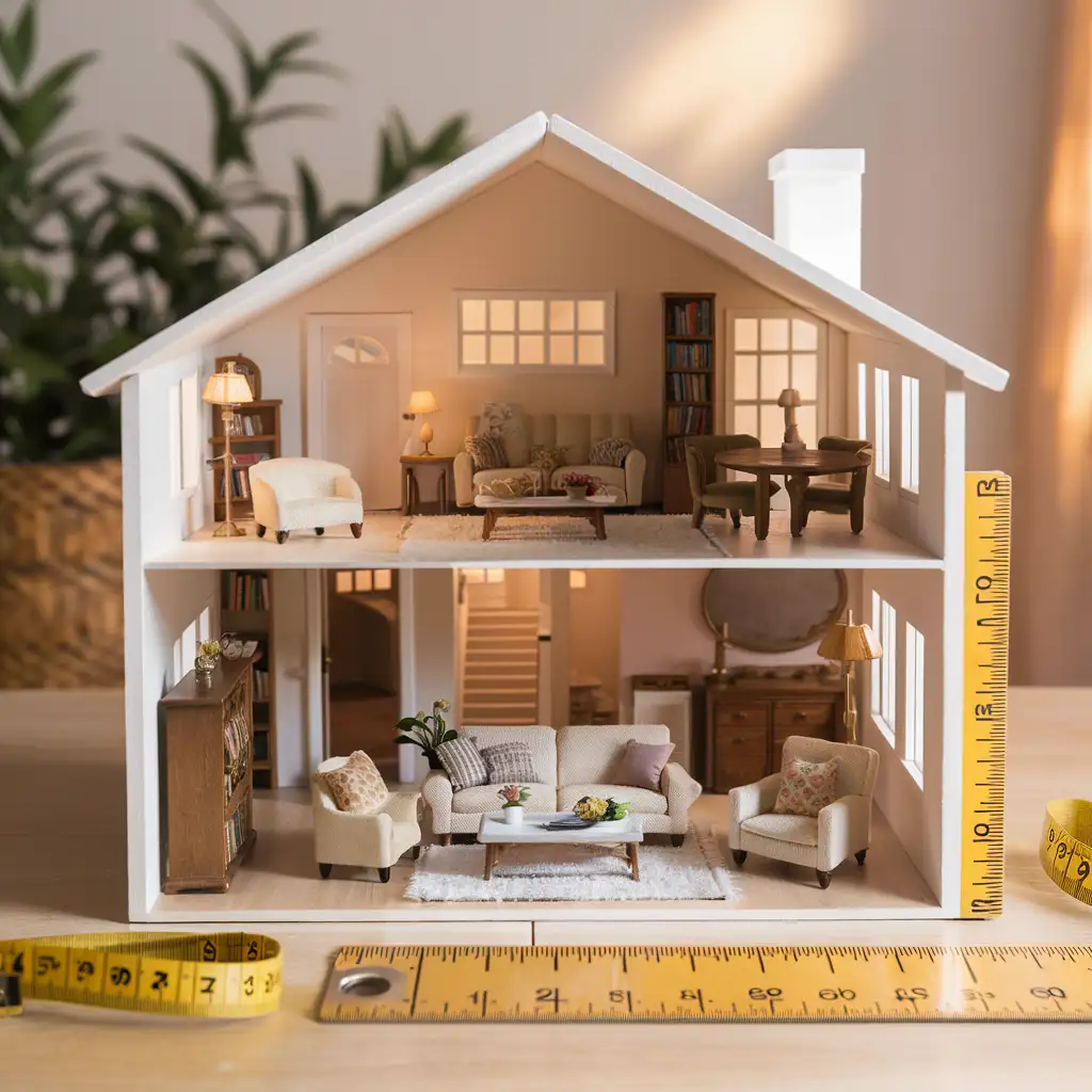 A meticulously arranged dollhouse living room featuring perfectly scaled furniture, including a sofa, coffee table, and bookshelf. The scene highlights the importance of accurate measurements, with a ruler and measuring tape visible, emphasizing the process of creating a harmonious miniature environment.