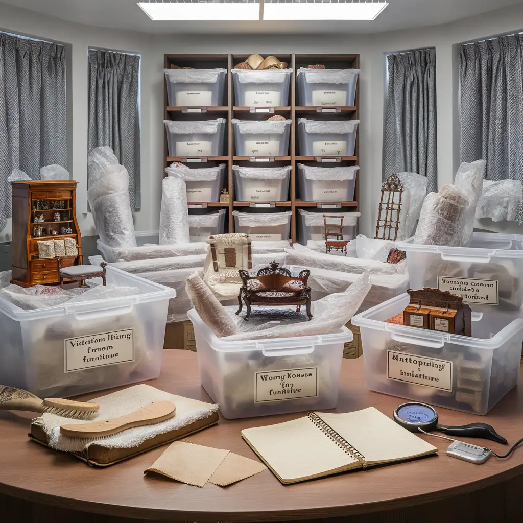 A well-organized storage room showcasing delicate dollhouse furniture wrapped in protective materials and stored in labeled, airtight plastic bins. The room is climate-controlled, with UV-blocking curtains and tools like a soft-bristled brush and hygrometer visible, highlighting the careful preservation of the collection.