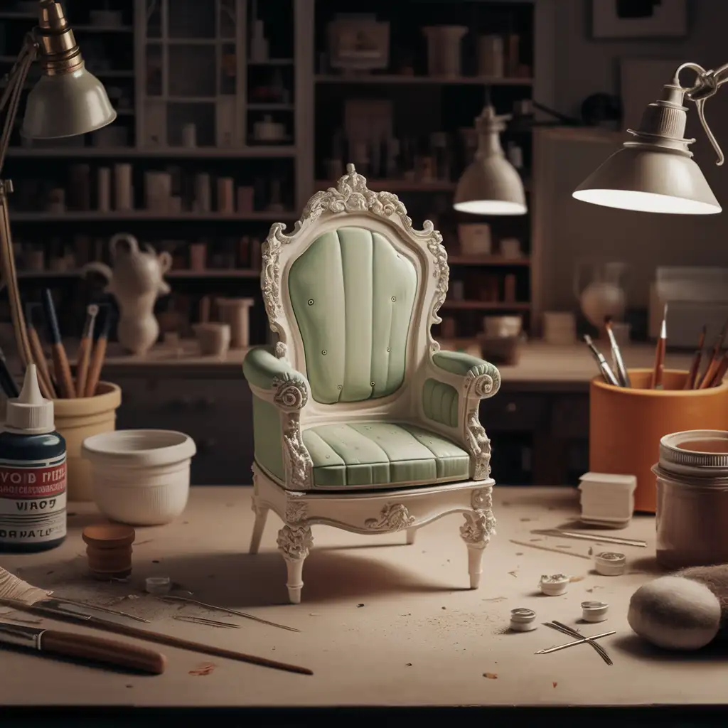 A close-up of a meticulously restored dollhouse furniture piece, such as a miniature armchair or table, displayed on a workbench surrounded by restoration tools like paintbrushes, wood glue, and sandpaper. The furniture features fresh paint and a glossy finish, showcasing the craftsmanship and care taken in the repair process.