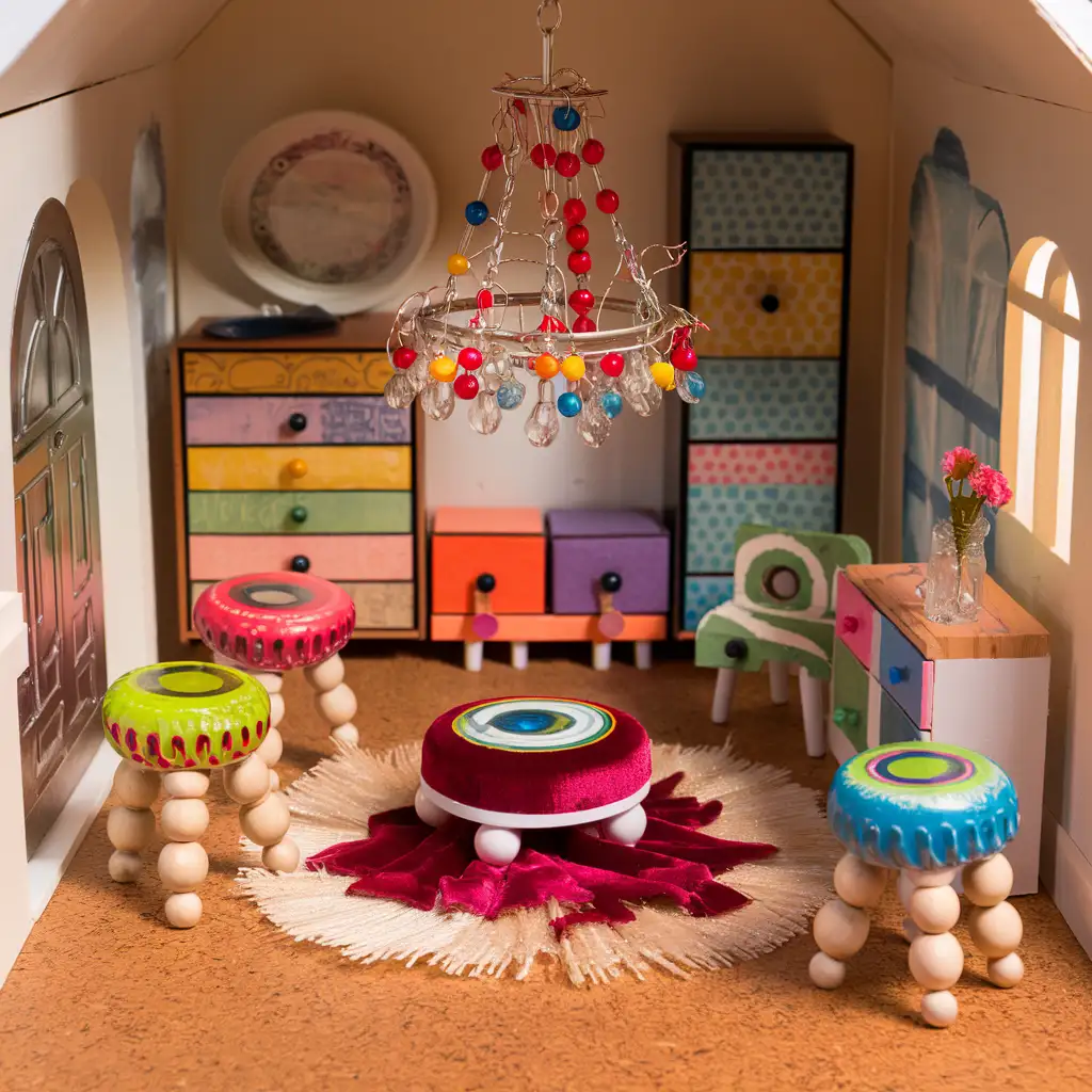 Dollhouse interior with upcycled decor, including bottle cap stools, a fabric scrap rug, matchbox storage, popsicle stick furniture, and cork flooring, showcasing sustainable and stylish miniature design.