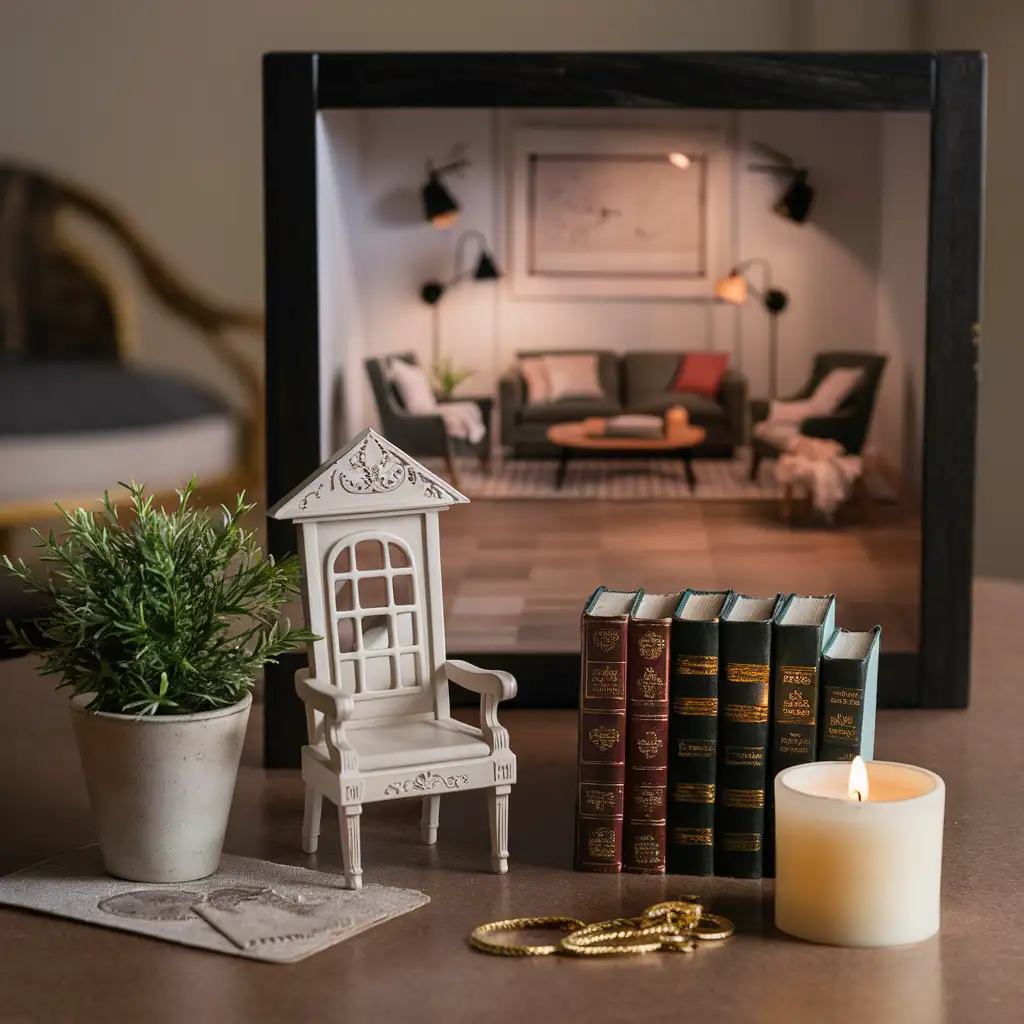 A creative home décor setup featuring dollhouse furniture, including a Victorian-style chair next to vintage books, a potted plant, and a candle. A shadow box art display in the background showcases miniature furniture arranged in a modern living room, creating a whimsical and sophisticated atmosphere.