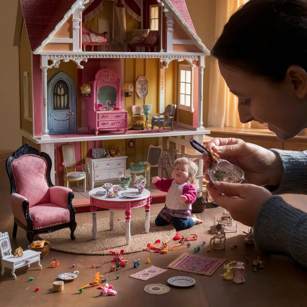 A detailed scene of a beautifully crafted dollhouse filled with intricate miniature furniture, including a Victorian-style armchair, a tiny kitchen table, and a delicate chandelier. A child is happily arranging colorful dollhouse furniture, while an adult collector examines a handcrafted piece with a magnifying glass. The background features shelves displaying more dollhouse furniture, blending playful and artistic elements.