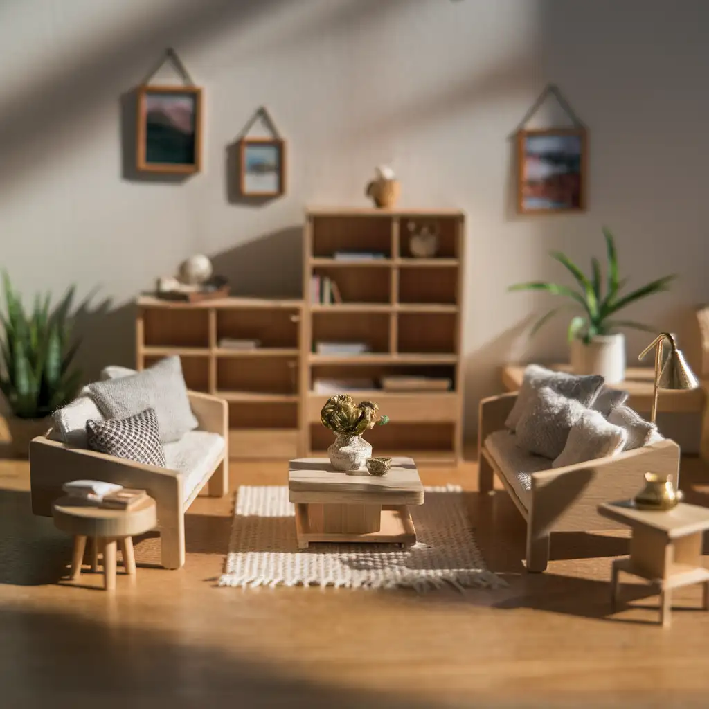 A detailed modern dollhouse living room featuring miniature furniture, including a sofa, coffee table, and bookshelf, crafted with precision and artistic flair. The scene highlights textures of wood and fabric, with a cozy, well-lit atmosphere and decorative elements like a rug, wall art, and a potted plant.