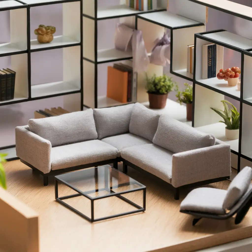 A modern dollhouse living room with a minimalist gray sectional sofa, a geometric glass-top coffee table, and modular shelves displaying tiny books and plants. The design features neutral tones, clean lines, and a contemporary aesthetic, reflecting current interior design trends.