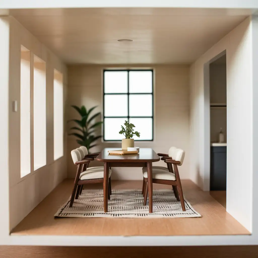 A minimalist modern dollhouse interior showcasing a sleek wooden dining table with mid-century modern chairs, a geometric rug, and a potted plant. The room features neutral tones, clean lines, and natural light, reflecting contemporary design principles.