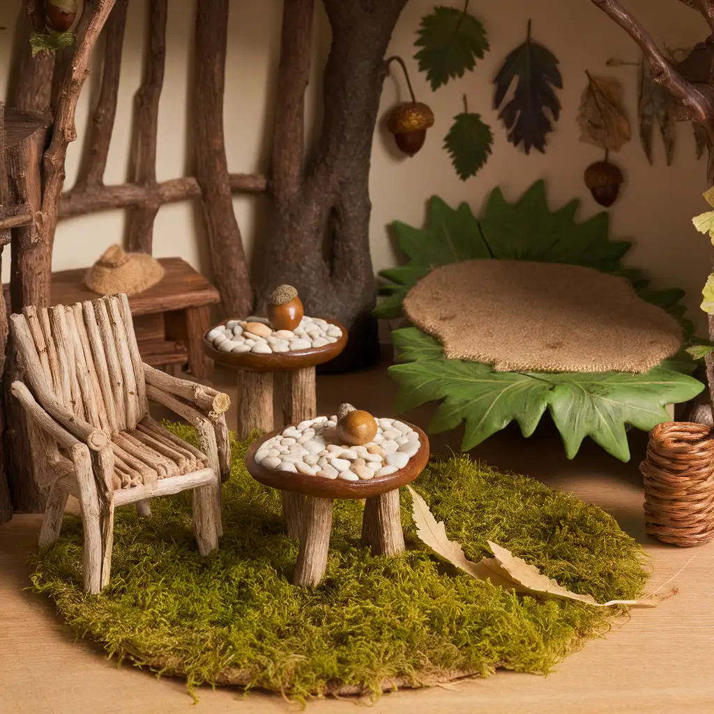 A cozy, nature-inspired dollhouse interior showcasing miniature furniture made from natural materials, including a twig chair, moss rug, pebble table, and leaf-shaped bed. The room features earthy tones, acorn accessories, and pressed leaf decorations, creating a harmonious forest retreat theme with soft natural lighting highlighting the textures.