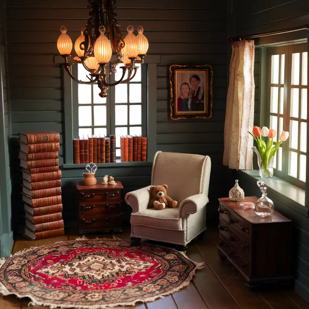 A highly detailed and realistic dollhouse living room featuring a Victorian chandelier, a Persian rug, leather-bound books, a vase of tulips, a teddy bear, and a family portrait. The warm lighting and intricate accessories create a cozy and lifelike miniature space.