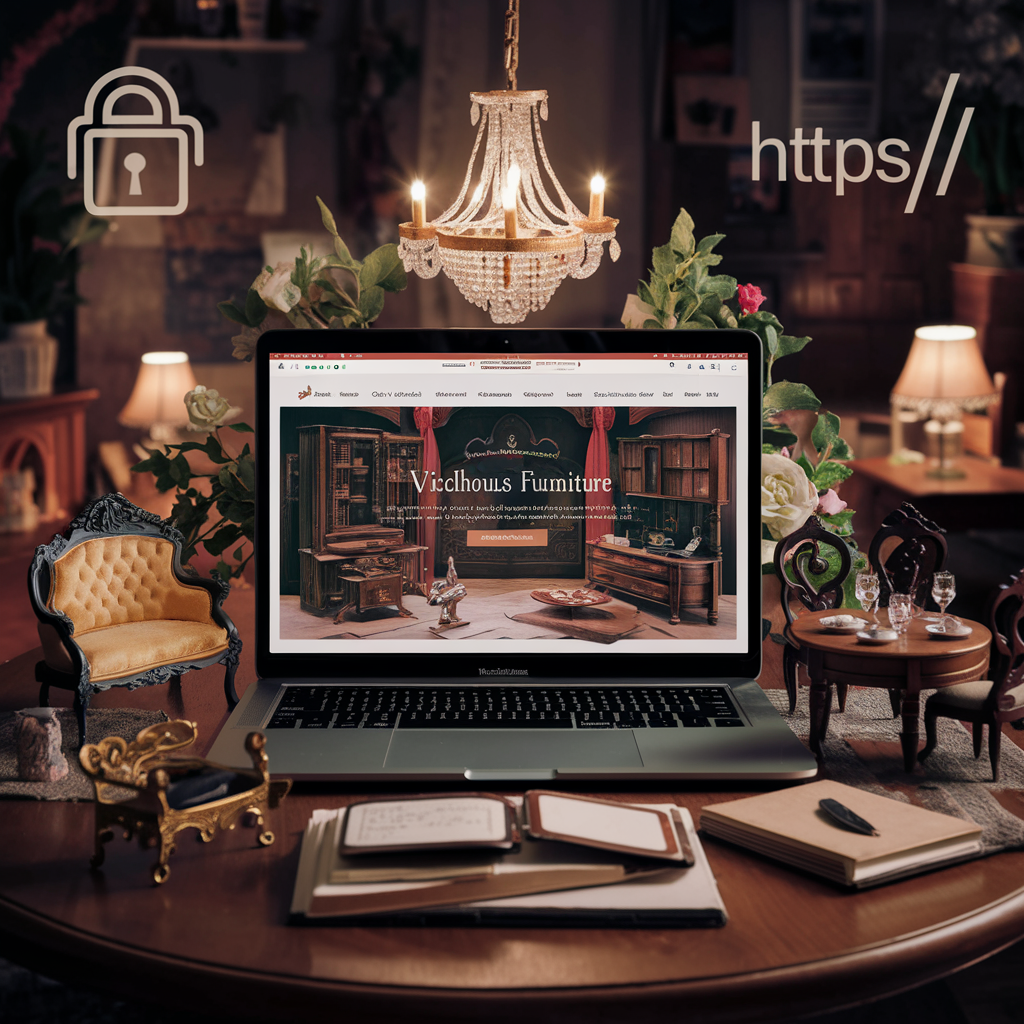 A cozy online shopping setup featuring intricately crafted dollhouse furniture, including a Victorian sofa, wooden dining set, and chandelier, with a secure padlock icon symbolizing safe online purchases.